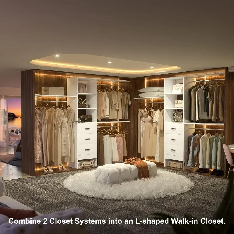 For girls with 3 Shelving Towers, Heavy Duty Clothes Rack with 3 Drawers, Built-In Garment Rack96 Inches Closet System, 8FT Walk