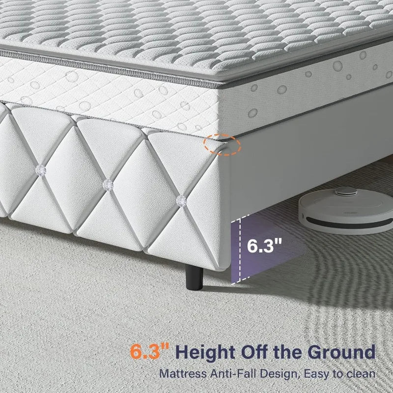 home.Queen Platform Bed Frame with Upholstered Diamond Headboard, Mattress Foundation with Strong Wooden Slats Support, N