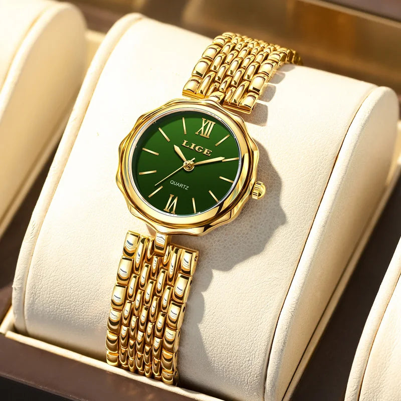 LIGE Fashion Golden Woman Watch Luxury Stainless Steel Ladies Watches Small Dial Elegant Female Quartz Bracelet Wristwatch+Box