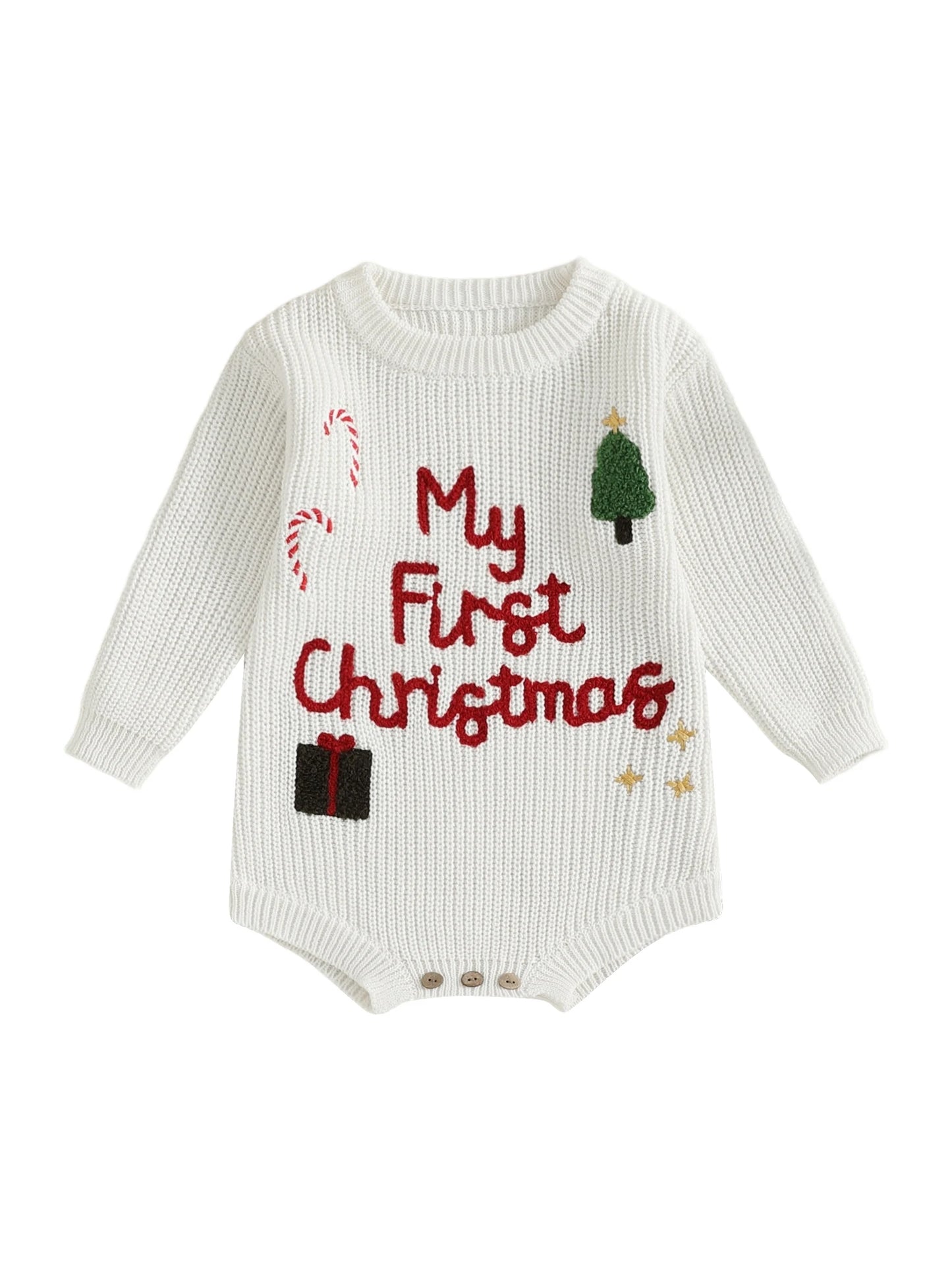 Infant Christmas Romper with Long Sleeves and Embroidered Candy Cane Design Festive Holiday Jumpsuit for Baby Girl