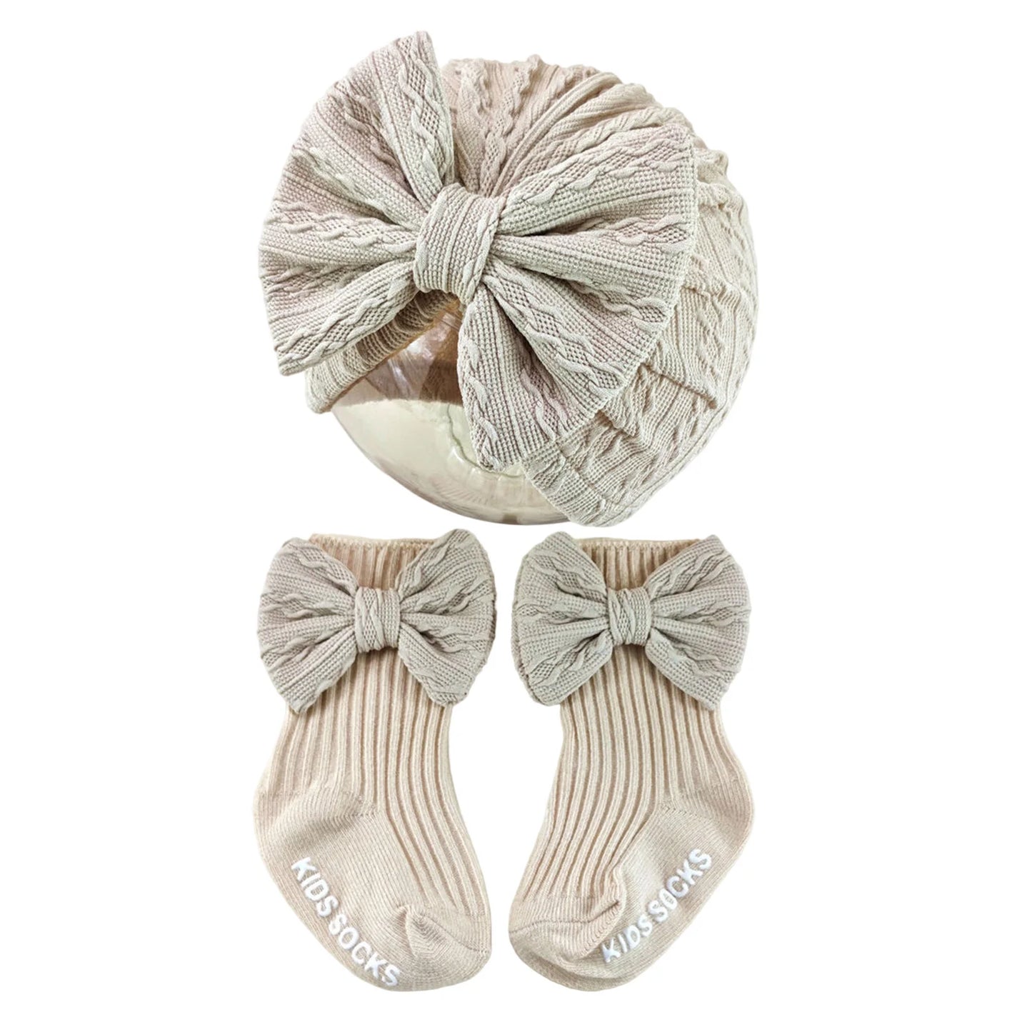 Baby Girl Turban Hat and Socks Set Infant Bow Hat Soft Cute Beanie Caps for Newborn Girls