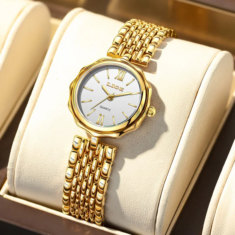 LIGE Fashion Golden Woman Watch Luxury Stainless Steel Ladies Watches Small Dial Elegant Female Quartz Bracelet Wristwatch+Box