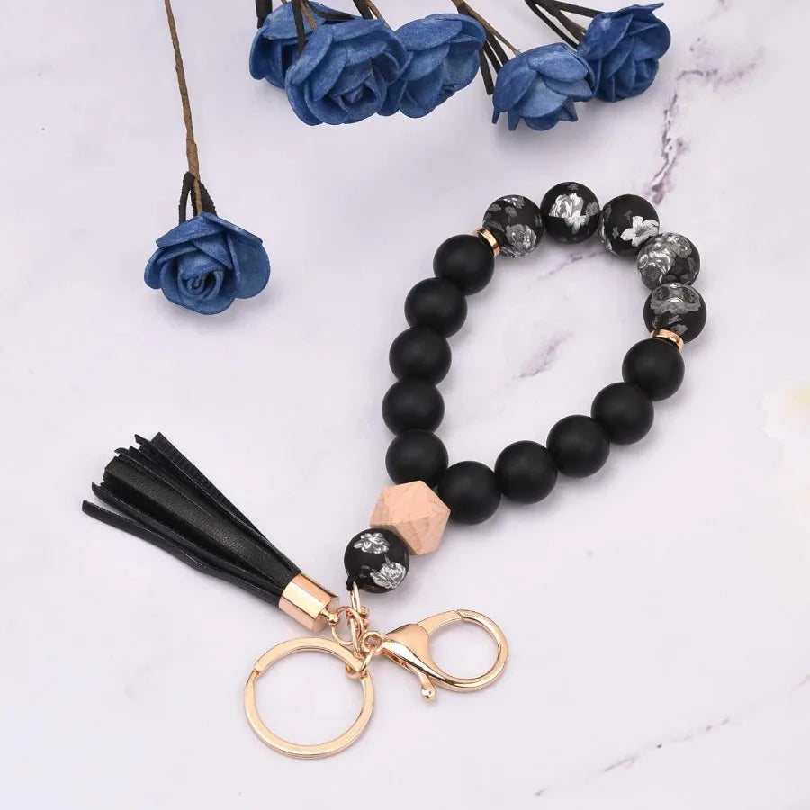 BAOSIWA Silicone Key Ring Bracelet Wristlet Keychain Unique Beaded Bangle Key Chains for Women with Leather Tassel