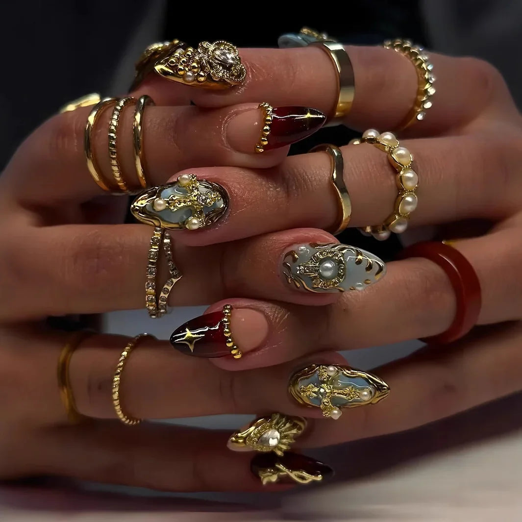 24Pcs False Nails Spicy Girl Silver Bow with Diamond Fake Nails with Glue Almond Press on Nails Black Cool Almond Nail Set