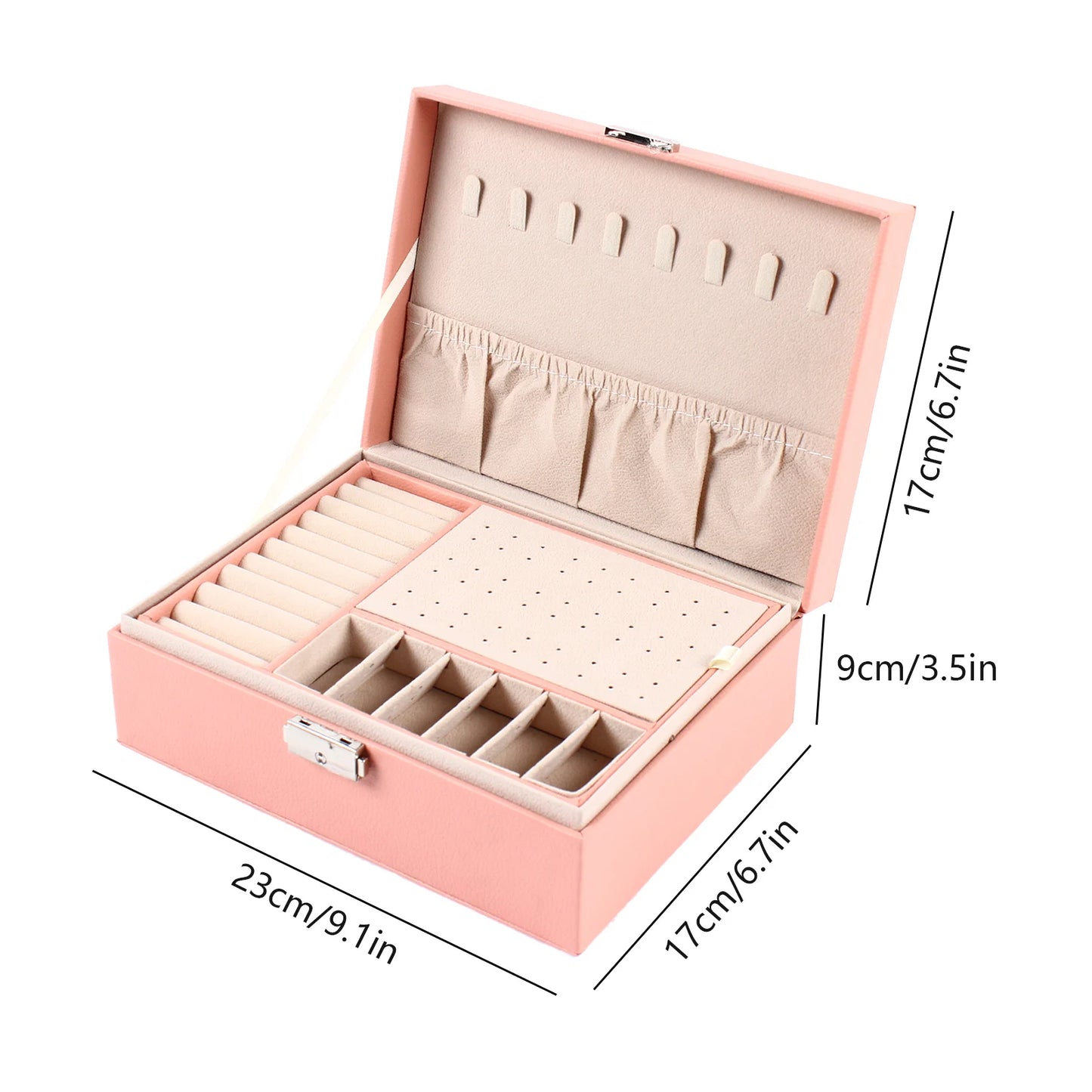 Jewelry Box for Necklaces Rings Earrings, Double Layers Storage Velvet Cosmetics Holder for Women, Pink