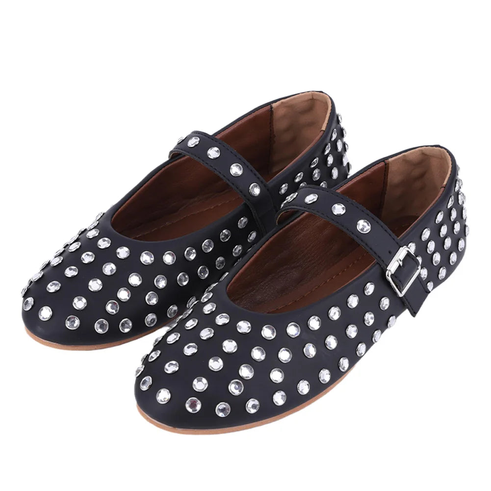 Women Crystal Ballerina Shoes with Buckle Strap Rhinestone Ballet Flats Mary Jane Flats Comfortable Female Casual Shoes