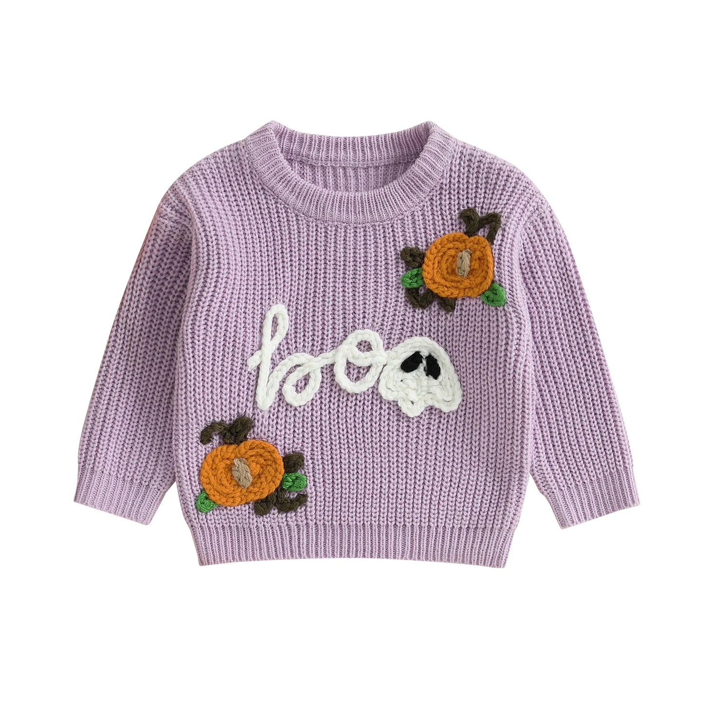 Kids Halloween Sweater with Spooky Pumpkin Embroidery and Cozy Crew Neck - Long Sleeve Knitwear Pullover for Boys and Girls