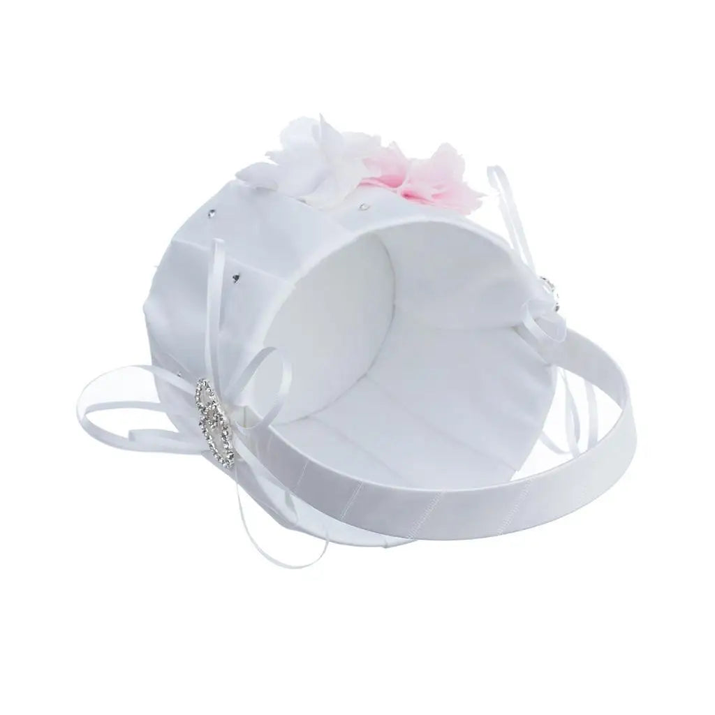 Wedding Bowknot Faux Pearl Flower Girl Basket With Heart Shape Decor Pink