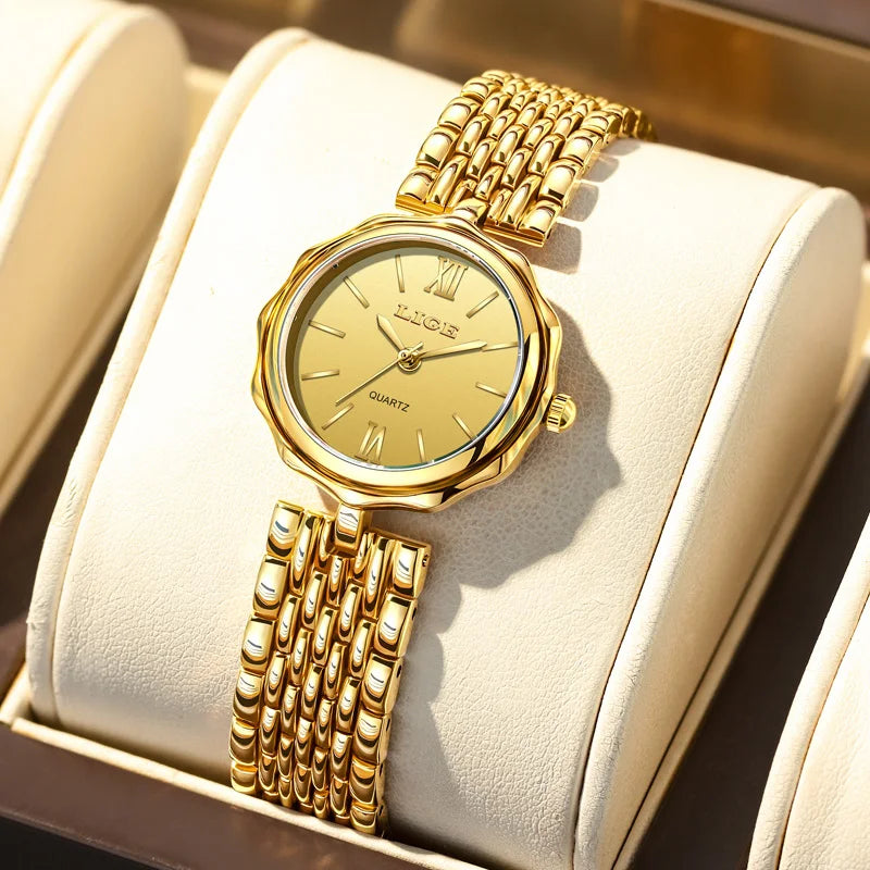 LIGE Fashion Golden Woman Watch Luxury Stainless Steel Ladies Watches Small Dial Elegant Female Quartz Bracelet Wristwatch+Box