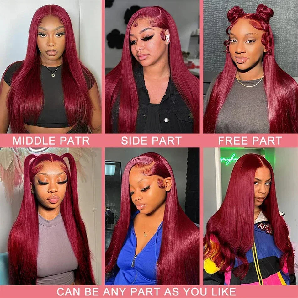 99J Burgundy 13x4 13x6 Full Frontal Lace Brazilian Preplucked Colored Straight Frontal Wigs HD Transparent Lace Human Hair Wigs