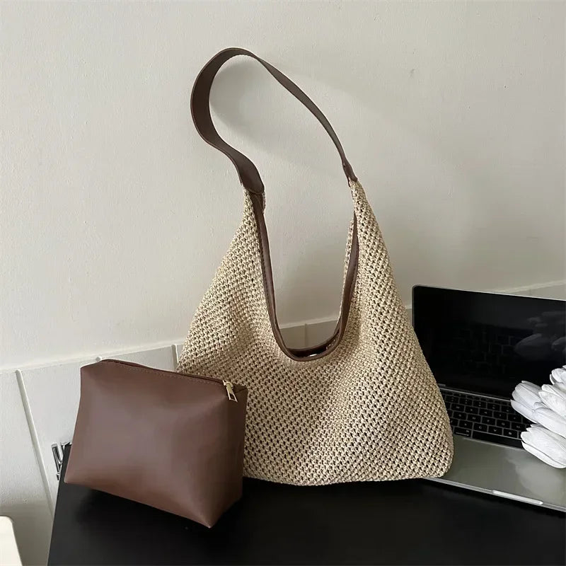 Travel Beach Straw Bag Rattan Woven Handmade Knitted Summer Beach Bag Straw Large Capacity Women Shoulder Bags Handbag Shopper