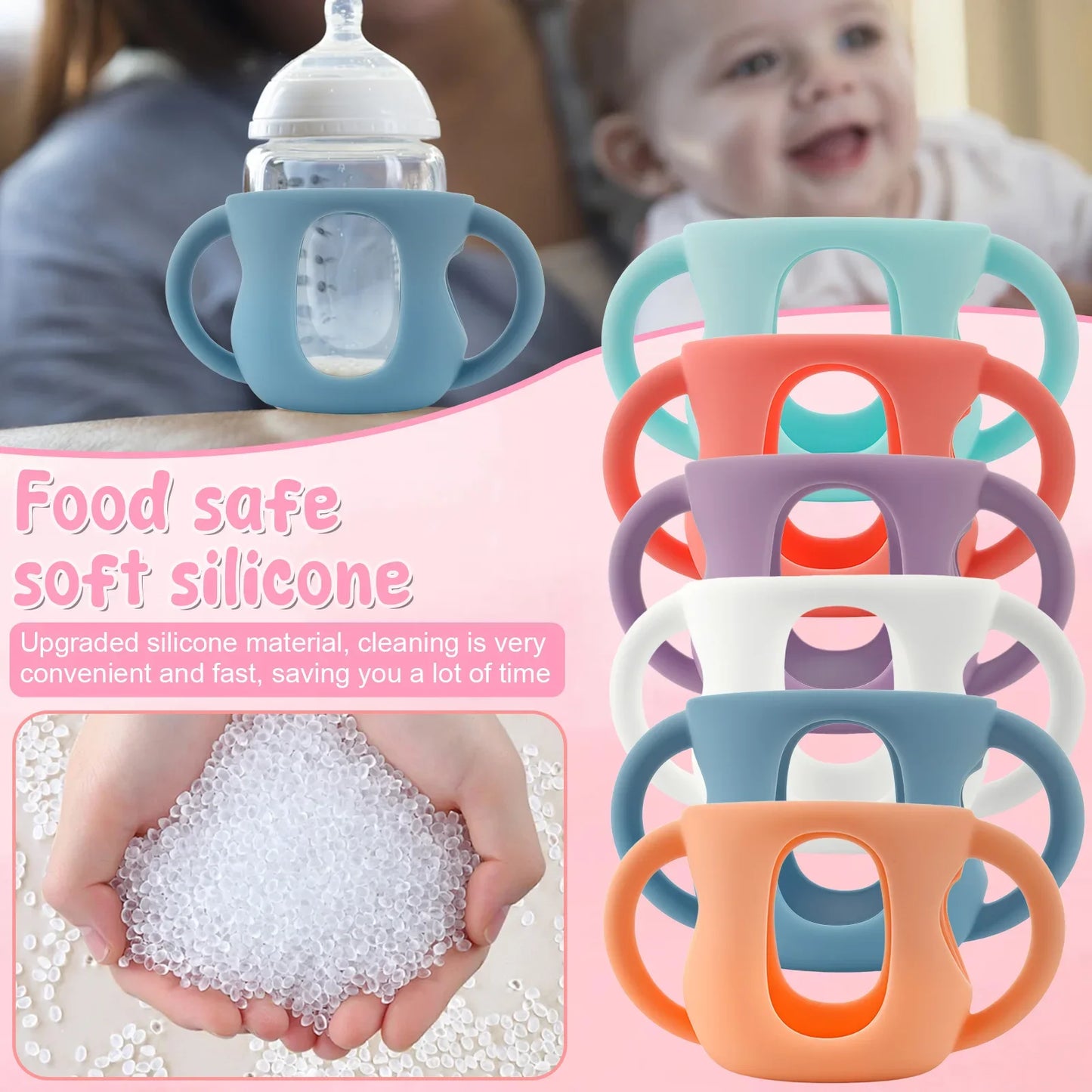 6Pcs Silicone Sleeves Silicone Baby Bottle Cover with Handle Anti Slip Heat Resistant Glass Bottle Sleeve 120/240ml Bottle Cover