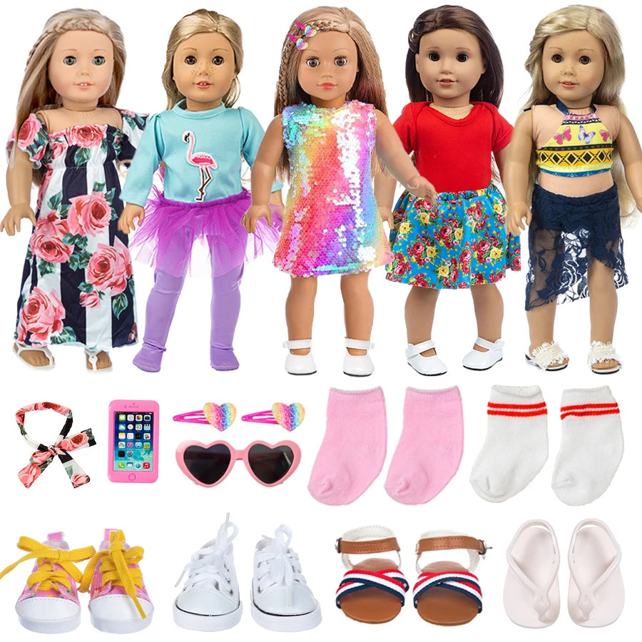 18Inch&45Cm Pop Doll Clothes Dress Top Short Skirt Shoes Phone American Reborn Baby Doll Clothing Knapsack Accessories Girl Gift