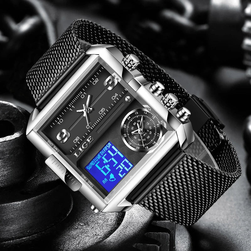 LIGE Fashion Man Wristwatch Waterproof Luminous Date Week Men Watch Digital Multifunction Luxury Quartz Men's Watches Reloj