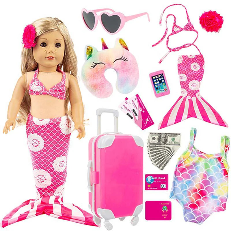 Mermaid Costume Set 18Inch/40cm Sunglasses Swimsuit Luggage American Doll Clothes Skirt Baby Doll Reborn Doll Toys Girl Gift