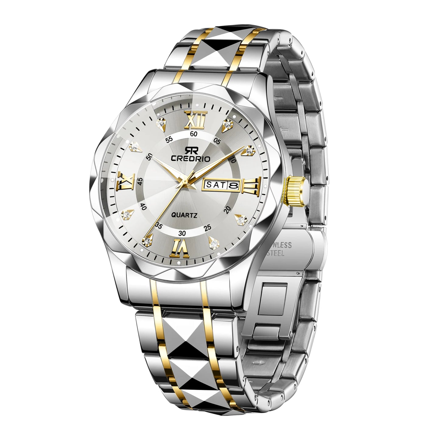 CREDRIO Men's Watches Men's Rhinestone Luxury Luminous Waterproof Dual Calendar Week Quartz Movement Fashion Business Watch