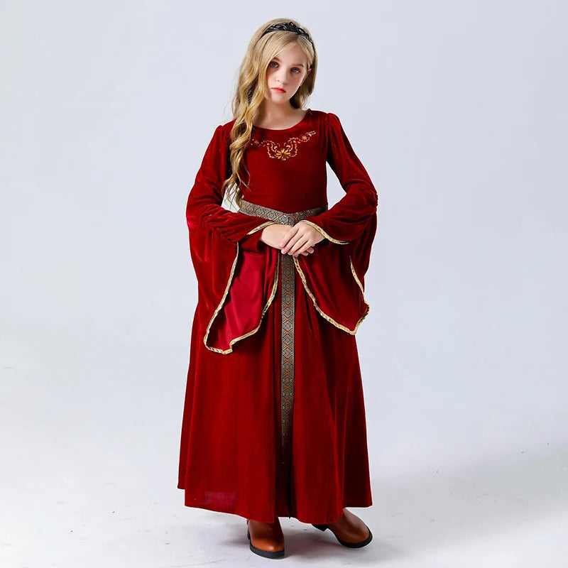Vintage Style Halloween Costume Long Sleeve Princess Dress with Belt for Toddler Role-Playing Party Cosplay Outfit Retro