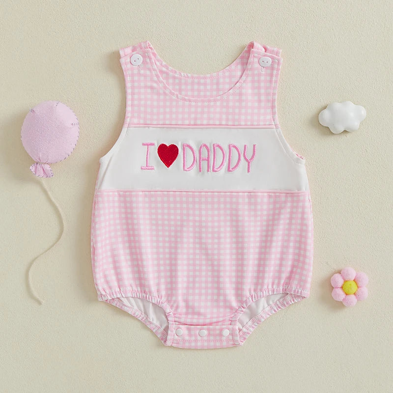 Cute Baby Girls Rompers with Adorable Letter Embroidery and Plaid Design Sleeveless Round Neck Infant Bodysuits Jumpsuits for