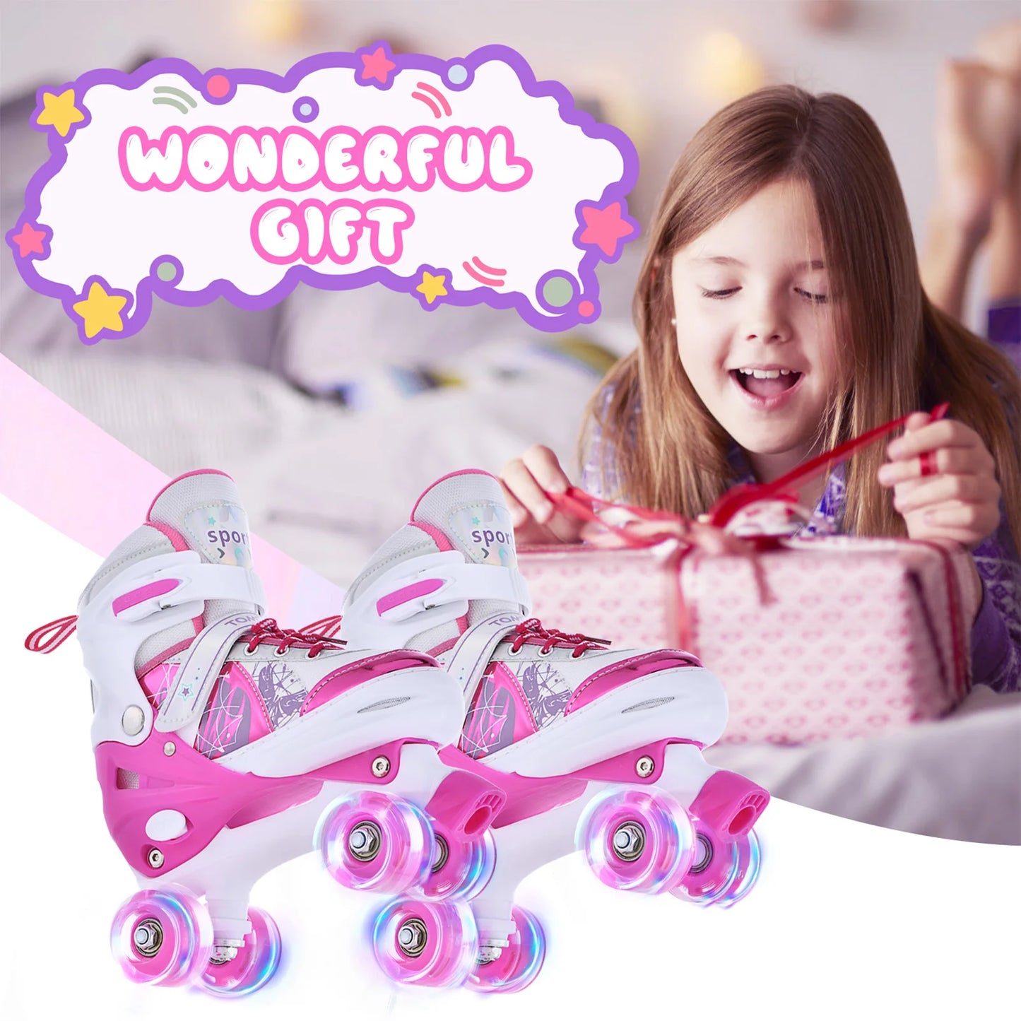 New Roller Skates for Kids Girls Boys 4 Size Adjustable Light Up Children's Roller Skate Shoes Skates 4 Wheels Girl Xmas Gift