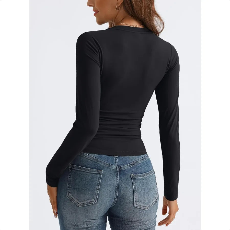 Trendy Queen Long Sleeve Shirts for Women 2025 Fall Fashion V Neck Basics Crop Tops Slim Fitted Y2K Tops Outfits Clothes