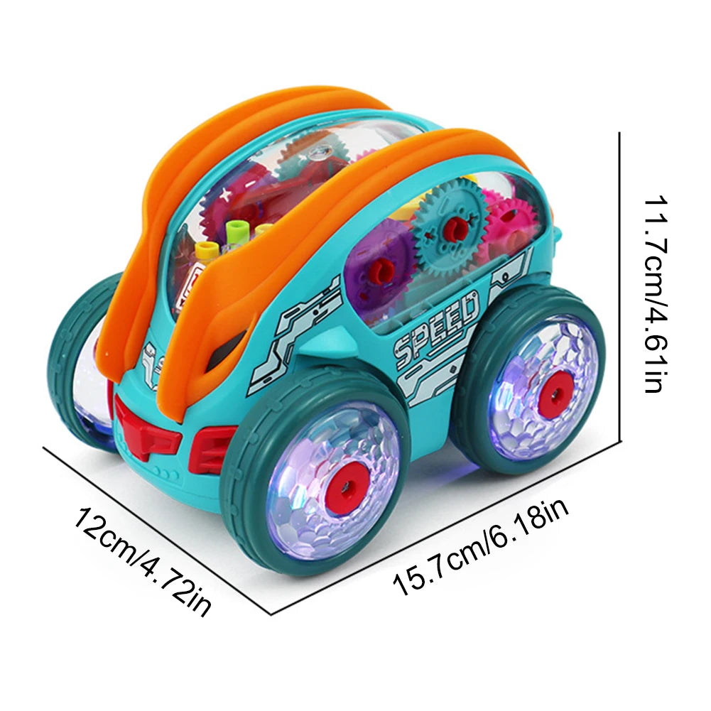 Light Up Transparent Gear Car Toy Bump and Go Toy Car with Colorful Moving Gears Toddler Trucks Stunts Somersaults Car for Kids