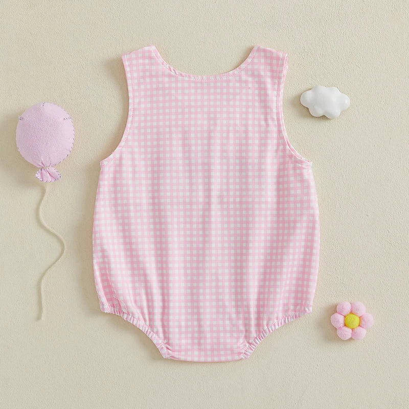 Cute Baby Girls Rompers with Adorable Letter Embroidery and Plaid Design Sleeveless Round Neck Infant Bodysuits Jumpsuits for