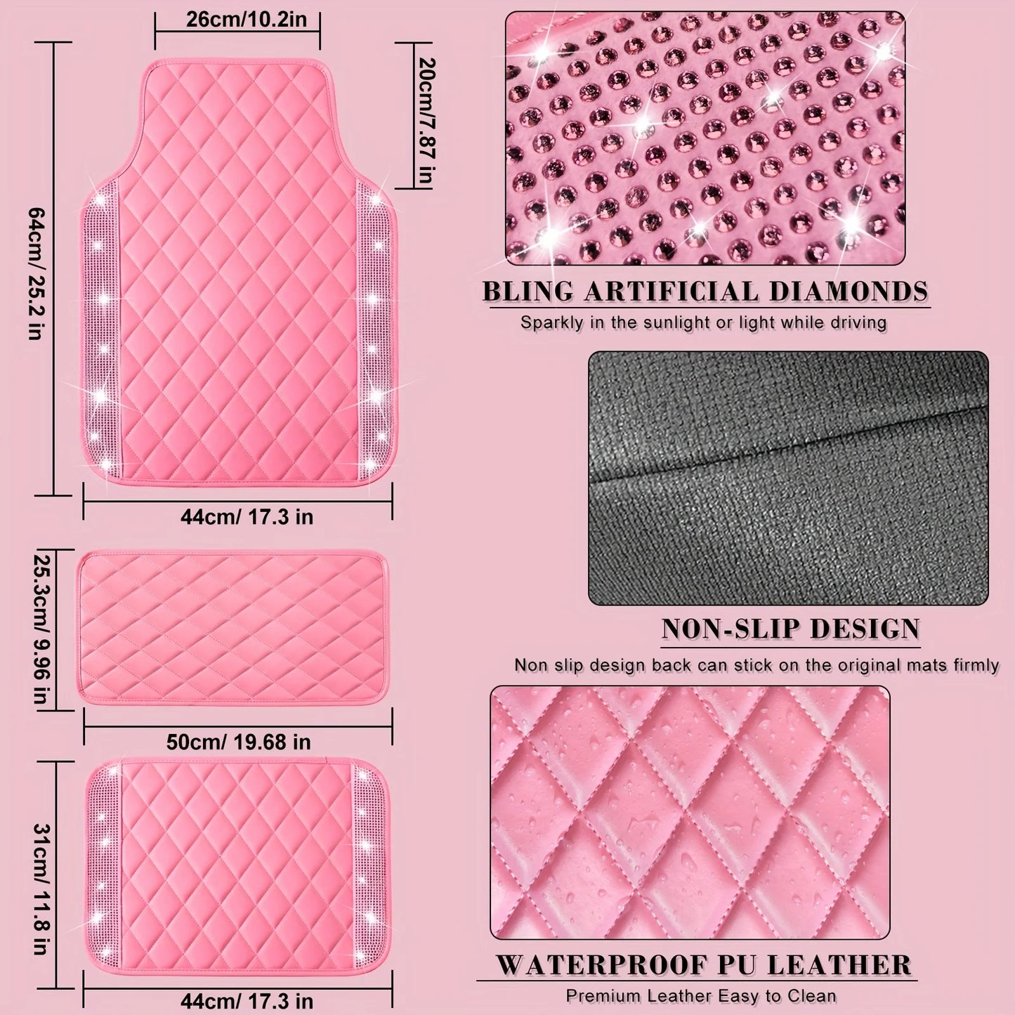 Bling PU Leather Car Mats Shining Diamond Floor Mats Crystal Rhinestone SparklyGlitter Carpet Anti-Slip Waterproof Pad Universal