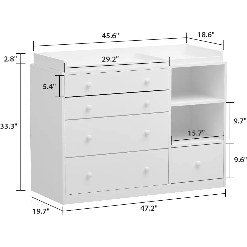 Baby Nursery Dresser, White Bedroom Dresser with 5 Drawers & Storage Shelves, Wood Chest of Drawers Nursery Storage Kids