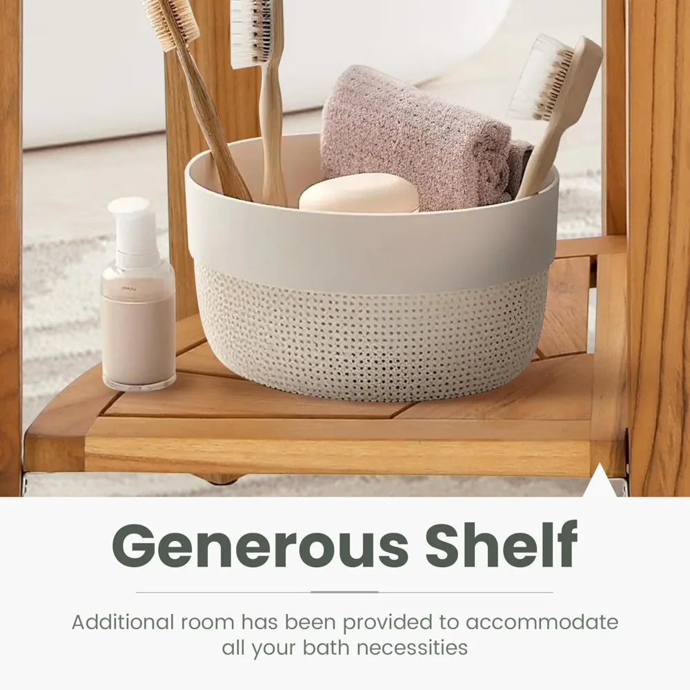 Upgraded version Teak Shower Bench, Bathroom Shower Stool with Storage Shelf Waterproof Wood Bench, Shower Seat