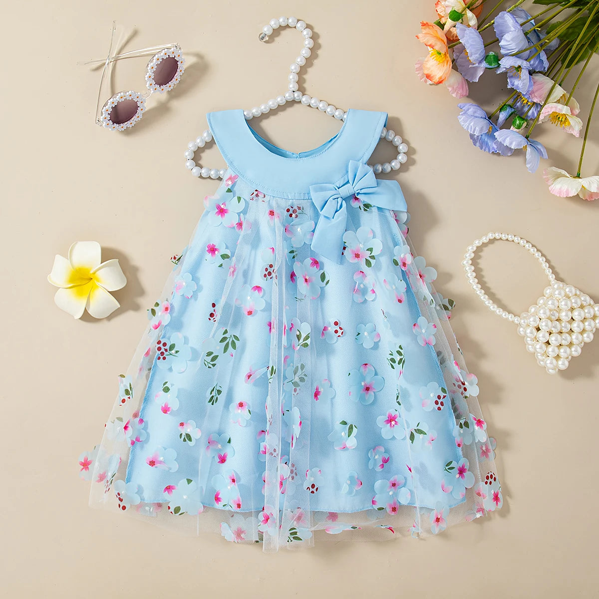 (0-3 Years Old) Summer Mesh All Over Flower Bow Baby Girl Dress Cute Sleeveless Girl Princess Dress