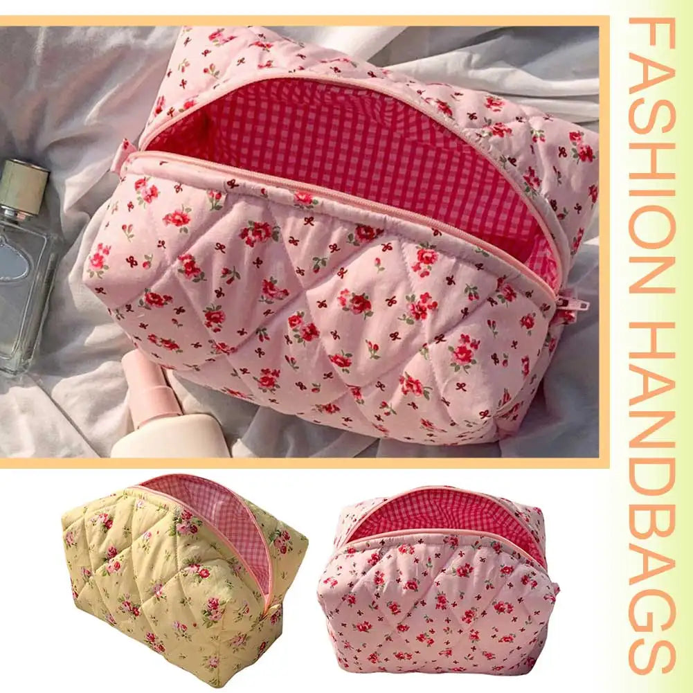 Cute Floral Travel Makeup Pouch Large Quilted Makeup Organizer Storage Bag with Zipper Skincare Bag Soft for Women and Girls