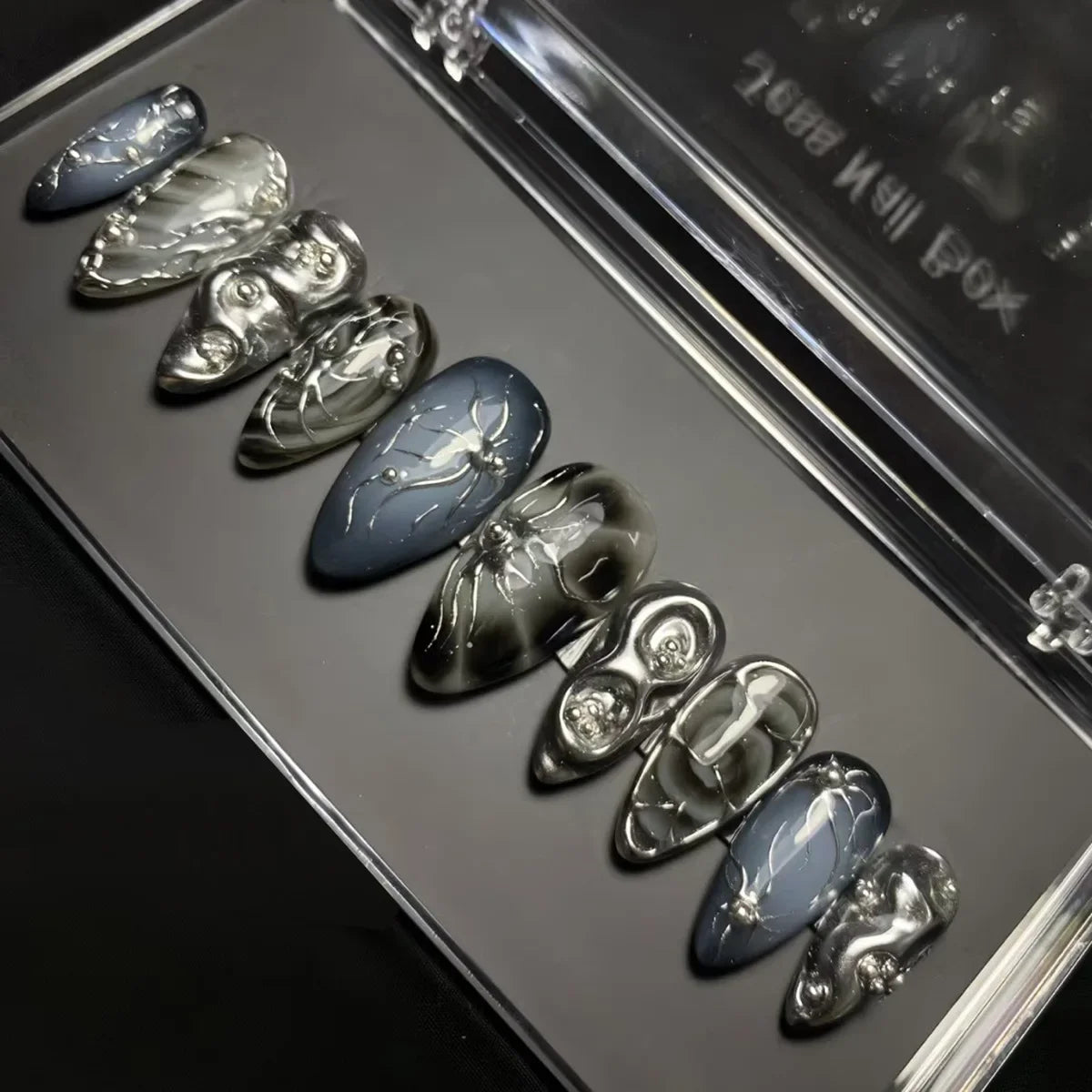 24Pcs False Nails Spicy Girl Silver Bow with Diamond Fake Nails with Glue Almond Press on Nails Black Cool Almond Nail Set