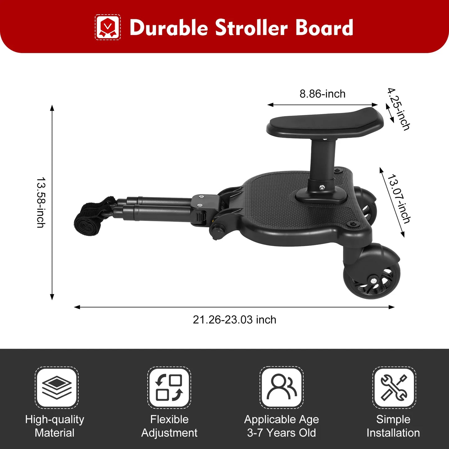 Stroller Wheeled Seat Pedal Board Compatible with Most Strollers, Suitable for 3-7 Years Old
