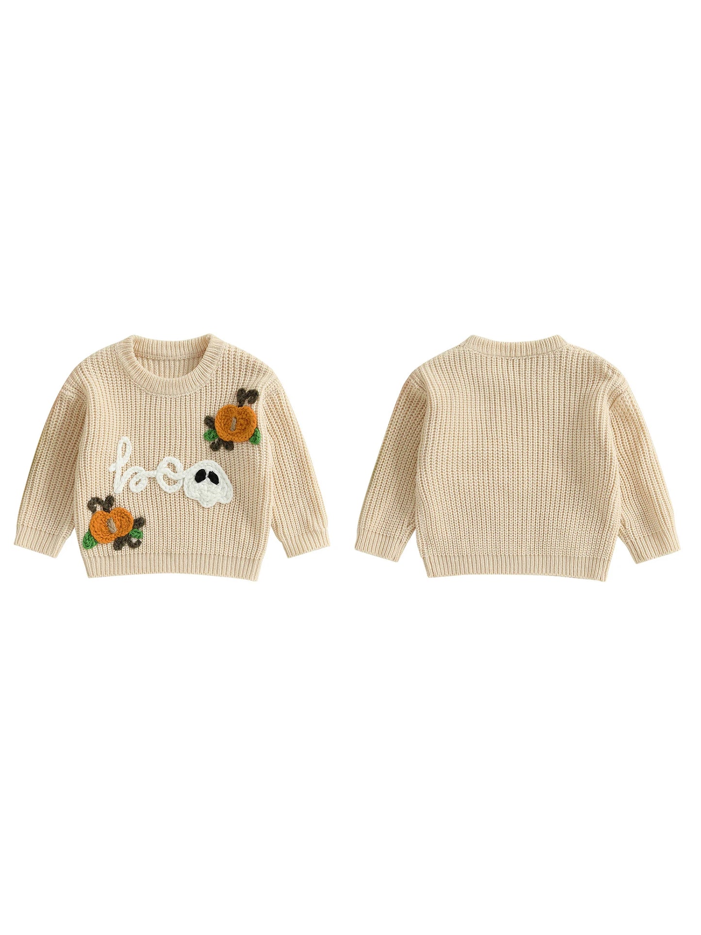 Kids Halloween Sweater with Spooky Pumpkin Embroidery and Cozy Crew Neck - Long Sleeve Knitwear Pullover for Boys and Girls
