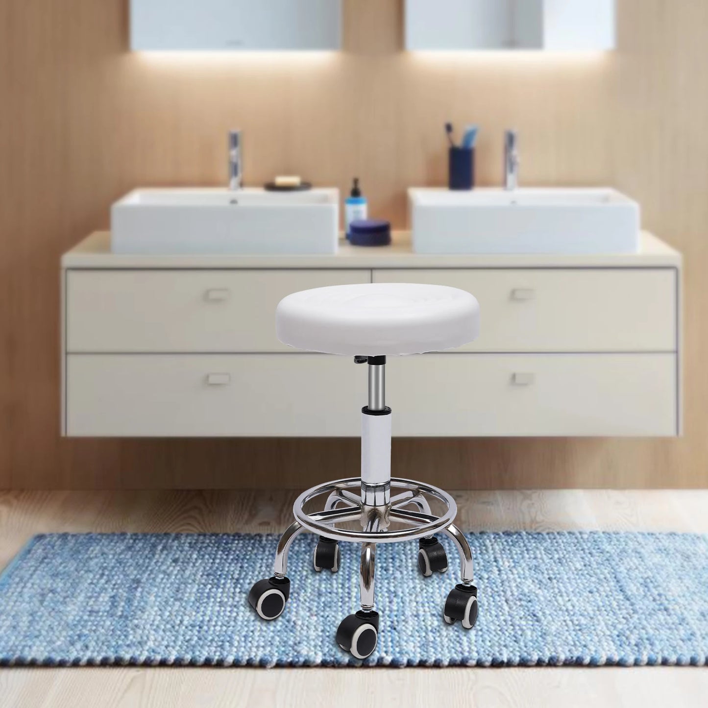 Round Rolling Stool Height Adjustable with Wheels and Foot Rest for Spa Salon Massage White/Black Chair