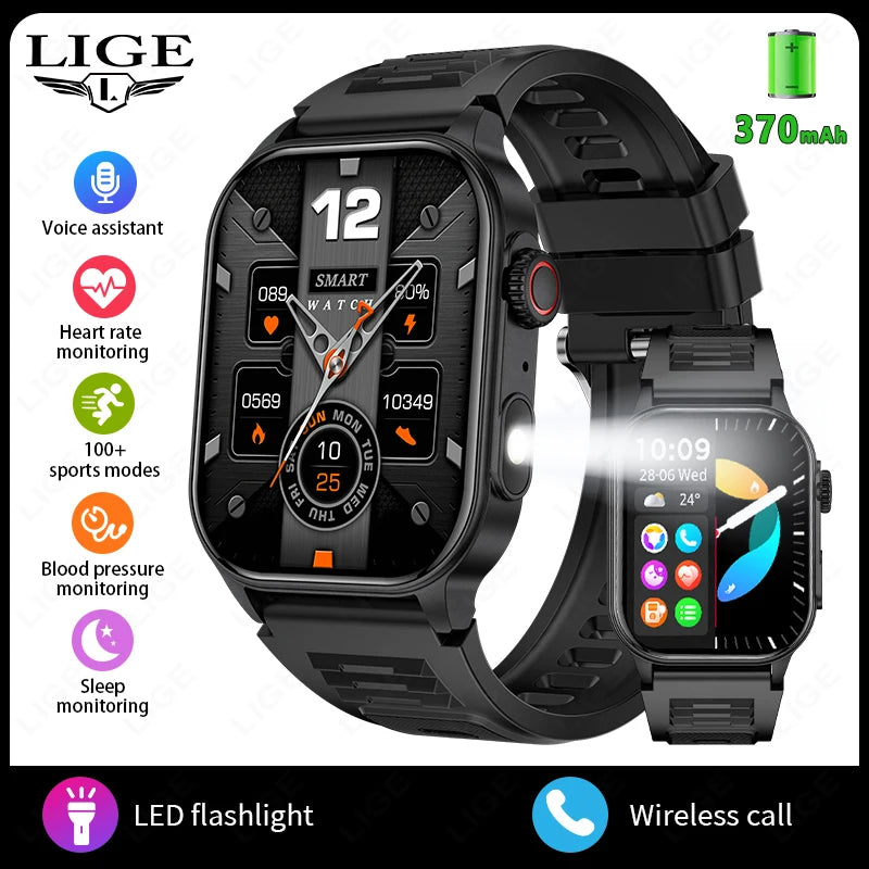 LIGE New Smart Watch LED Flashlight Military Sport Watches 2.01'' Screen Health Monitor Bluetooth Call Waterproof Smartwatch Men
