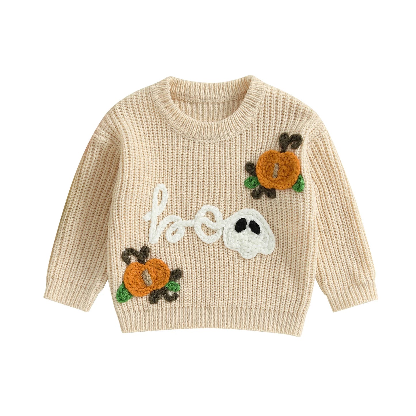 Kids Halloween Sweater with Spooky Pumpkin Embroidery and Cozy Crew Neck - Long Sleeve Knitwear Pullover for Boys and Girls