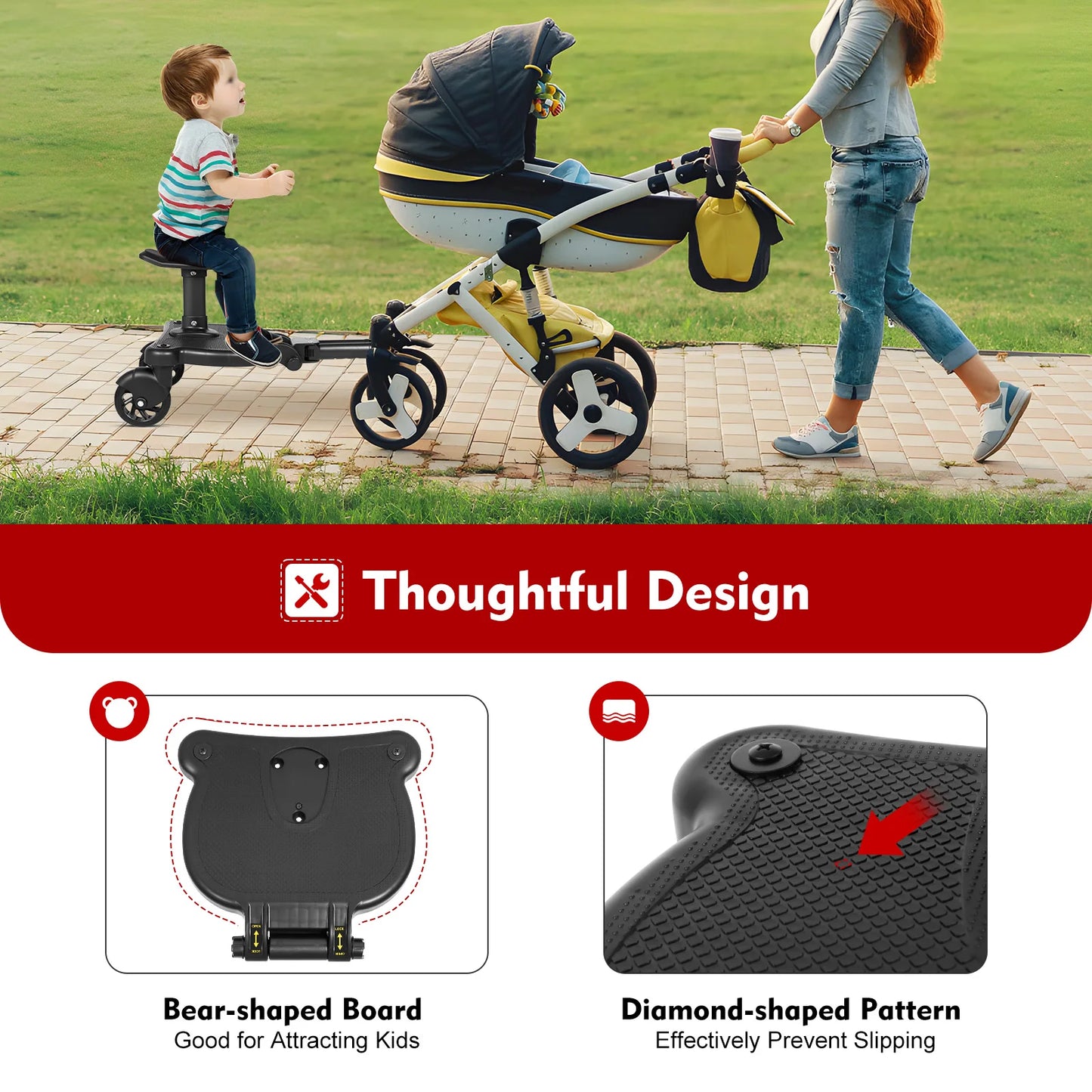 Stroller Wheeled Seat Pedal Board Compatible with Most Strollers, Suitable for 3-7 Years Old