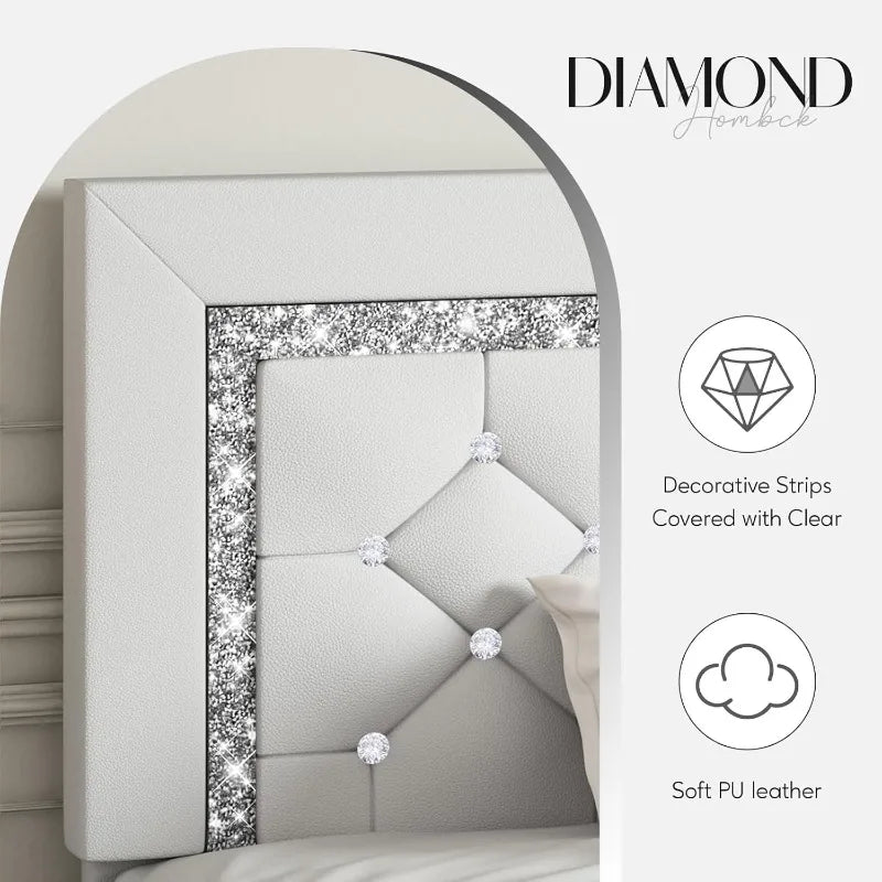 home.Queen Platform Bed Frame with Upholstered Diamond Headboard, Mattress Foundation with Strong Wooden Slats Support, N