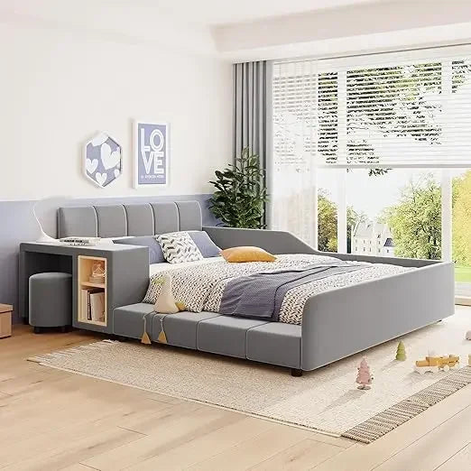 Velvet Upholstered Grounded Bed Platform Bed, Wooden Full Size Mother & Child Bed Frame with Bedside Desk and Little Round Stool