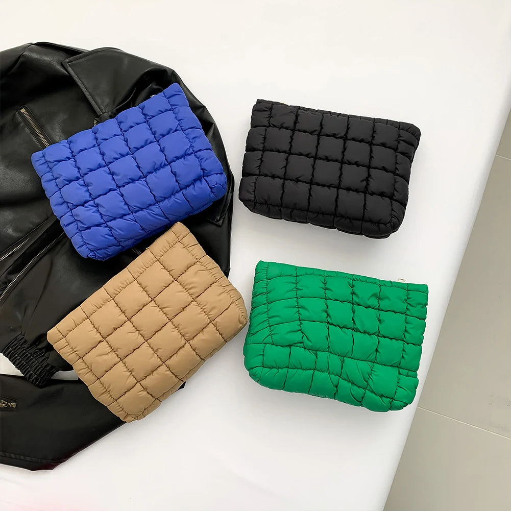 Quilted Cosmetic Bag Puffy Travel Makeup Pouch with Zipper Makeup Organizer Storage Bag Solid Color for Women and Girls