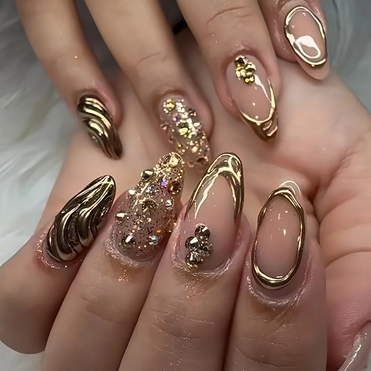 24Pcs False Nails Spicy Girl Silver Bow with Diamond Fake Nails with Glue Almond Press on Nails Black Cool Almond Nail Set