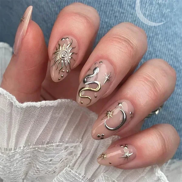 24Pcs False Nails Spicy Girl Silver Bow with Diamond Fake Nails with Glue Almond Press on Nails Black Cool Almond Nail Set