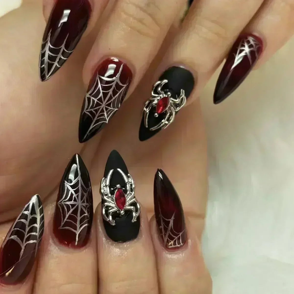 24Pcs False Nails Spicy Girl Silver Bow with Diamond Fake Nails with Glue Almond Press on Nails Black Cool Almond Nail Set