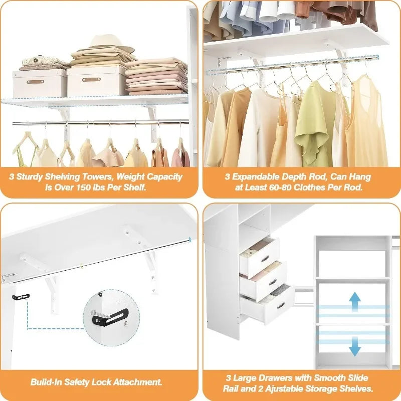 For girls with 3 Shelving Towers, Heavy Duty Clothes Rack with 3 Drawers, Built-In Garment Rack96 Inches Closet System, 8FT Walk