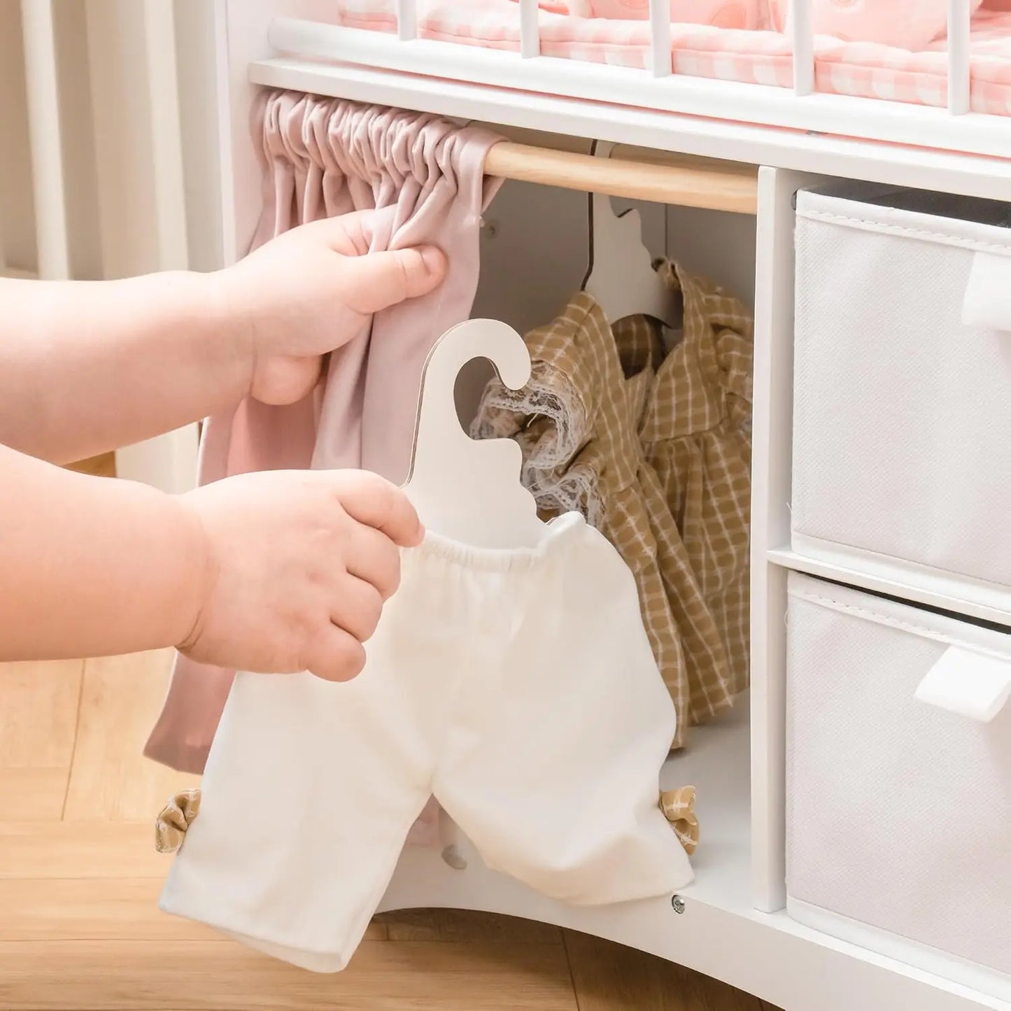 Robotime Baby Doll Crib Wooden Doll Bed with Storage Bedding and Wooden Hooks Pink Doll Furniture for Girls Ages 3+