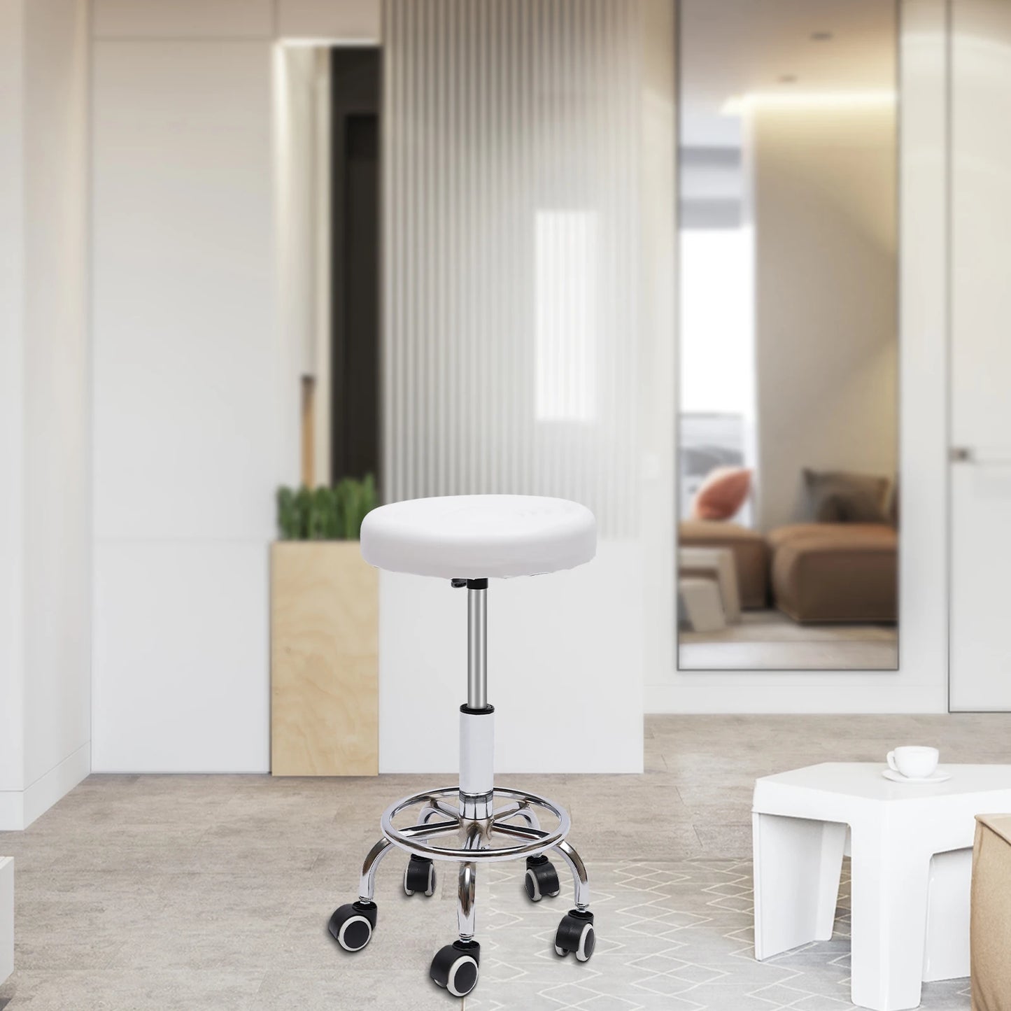 Round Rolling Stool Height Adjustable with Wheels and Foot Rest for Spa Salon Massage White/Black Chair