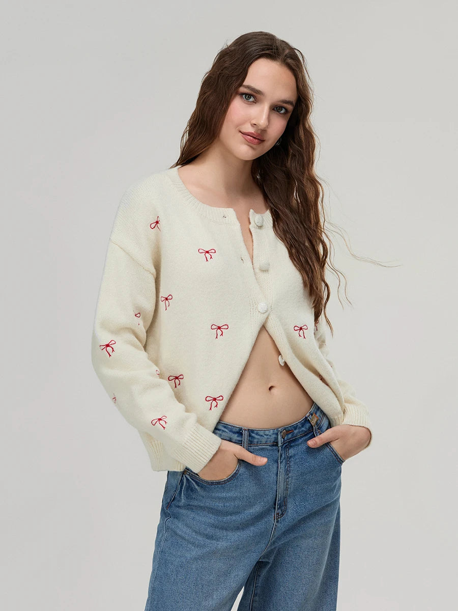 Women s Floral Embroidered Cardigan with Crew Neck and Button Down Closure Long Sleeve Knit Sweater for Casual Street Style
