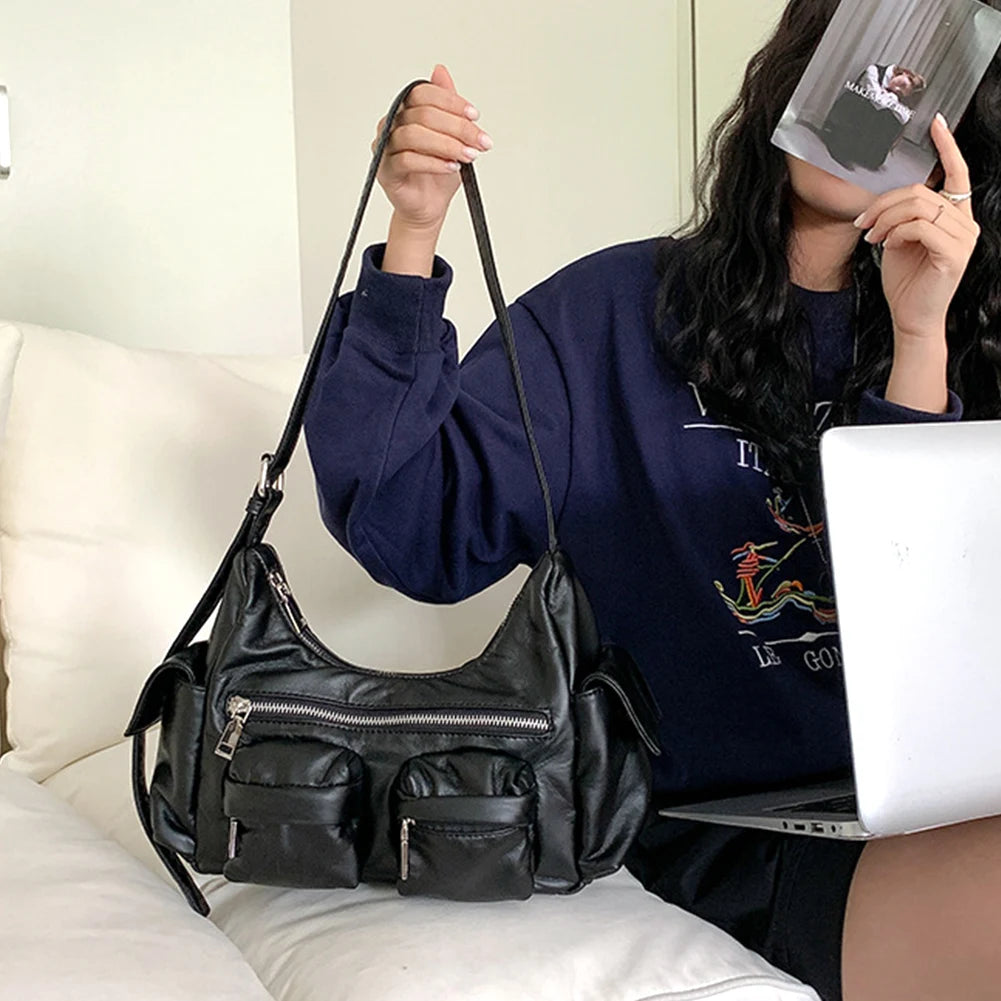 Women Retro Shoulder Bag Large Capacity Leather Tote Handbag Versatile Multi-Pocket Purse Top Handle Bag Girl Stylish Purse