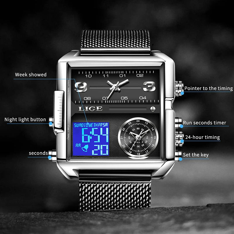 LIGE Fashion Man Wristwatch Waterproof Luminous Date Week Men Watch Digital Multifunction Luxury Quartz Men's Watches Reloj